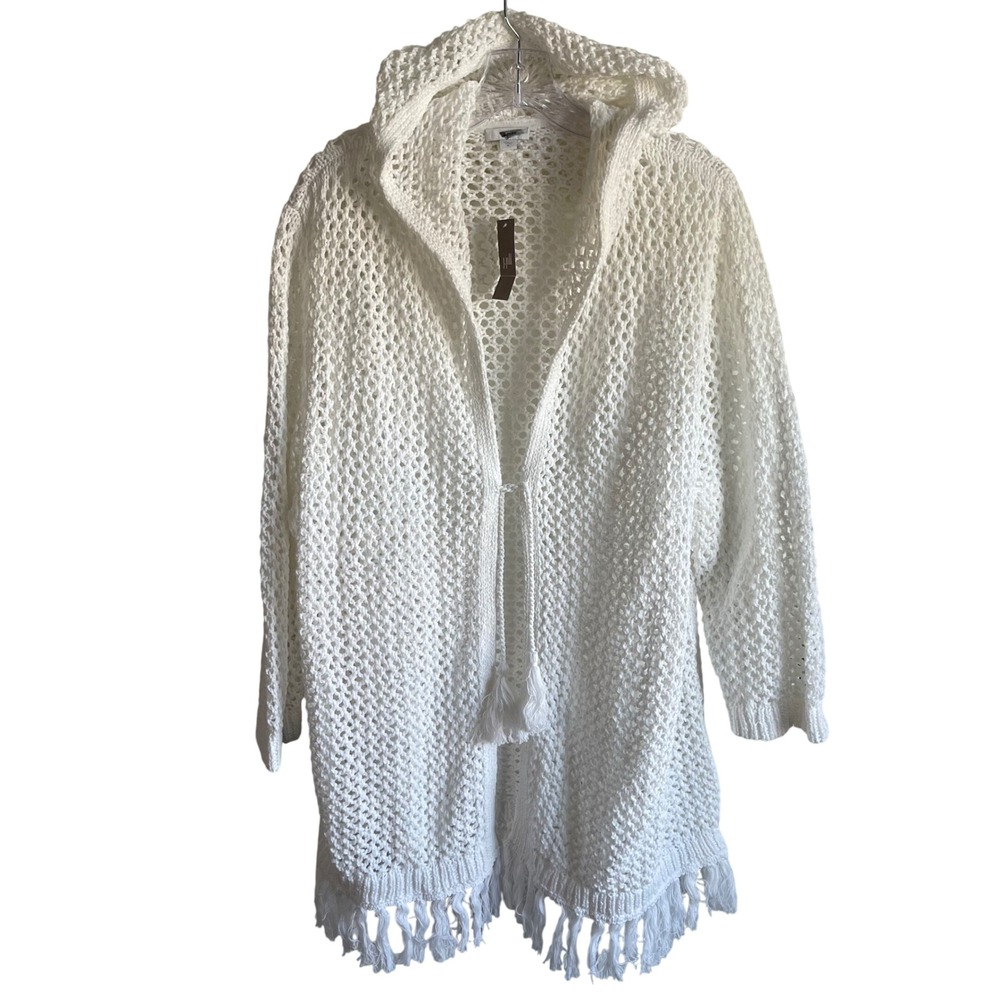 NWT J. Jill Open Weave Knit Hooded Cardigan Sweater XL White‎ Tassel Fringe